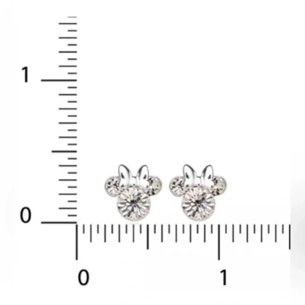 Disney MINNIE MOUSE Sterling Silver Clear Crystal Stud Earrings & Trinket Dish